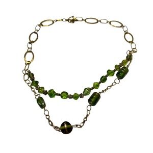 Handmade Green Beaded 2 Strand Gold Tone Chain Necklace.